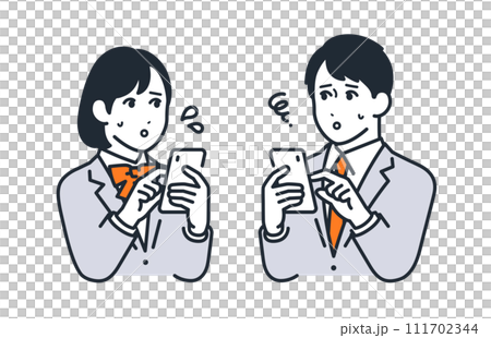 男女學生表情困惑地看著智慧型手機的簡單向量圖 111702344