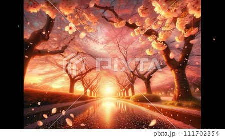 夕暮れ時の桜並木 111702354