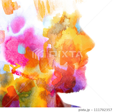 A colorful paintography male profile silhouette in double exposure A colorful paintography male profile silhouette in double exposure 111702357
