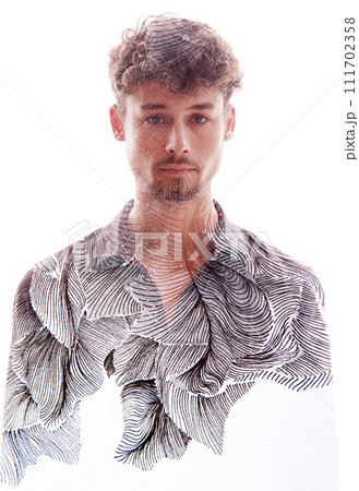 A graphical leafy full-front double exposure paintography male portrait 111702358