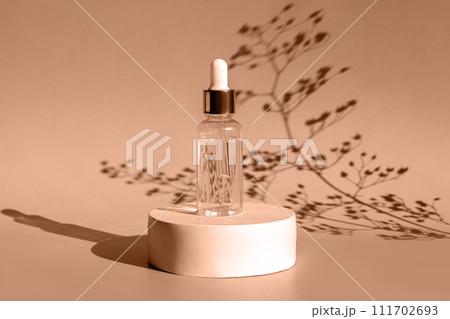 Natural oil cosmetics. Dropper glass Bottle Mock-Up. Oily cosmetic pipette. Face and body treatment. Spa concept. Mineral organic liquid. Front view. Beauty products. Blank packaging on wooden table Natural oil cosmetics. Dropper glass Bottle Mock-Up. Oily cosmetic pipette. Face and body treatment. Spa concept. Mineral organic liquid. Front view. Beauty products. Blank packaging on wooden table 111702693