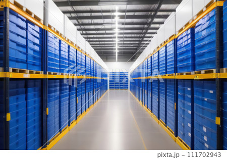 Blurred Interior of vaccine storage, distribution center. Influenza, covid or pox vaccines are stored and prepared for shipment. Organized storage facilities, logistic. Efficiency, reliability, Safety 111702943