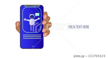 Chatbot assistant form robot with ai 3d. Cute friendly bot neural network. Hand holding the phone. Website design of social networking applications. Vector illustration. 111703223
