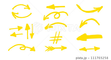Brushes and elements for notes highlighting text. Arrows of various shapes yellow. Vector illustration... Brushes and elements for notes highlighting text. Arrows of various shapes yellow. Vector illustration... 111703258
