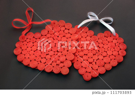 Red hearts on black background. Symbols of love. Lovers sign 111703893