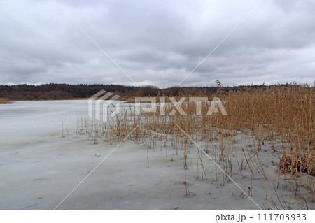 Landscape with winter river. The Sketch growing in river. Sketch on river ice 111703933