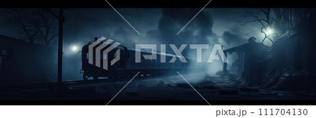 AI-generated content. Timeless Journey: Vintage Steam Train Departs from Abandoned Station amidst Winter's Fog 111704130