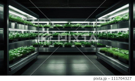 Shelves vertical farm growing fresh green plants indoors. Fresh microgreens automatic cultivation. AI-generated content. 111704327