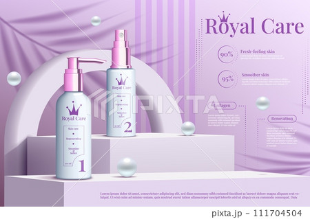 Skincare ad. 3D beauty background. Royal care cosmetics mockup. Moisturizing cream bottle on pedestal. Pearl spheres and leaf shadow. Premium makeup sale. Advertising banner vector design 111704504