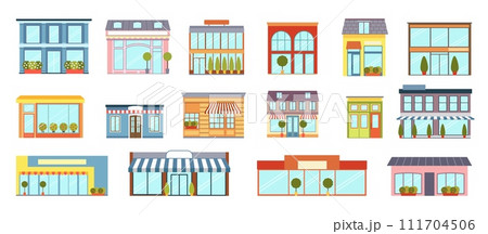 Store buildings. Shop front. Business storefront for small retail or restaurant. Street windows of grocery market. Trees and awnings. Commercial architecture. Vector houses design set 111704506
