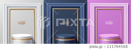 3d podium. Luxury arch background with white black or golden elegant stand, pink frame, cosmetic presentation. Abstract product display. Empty showcase for exhibition. Vector cylinder shapes 111704508