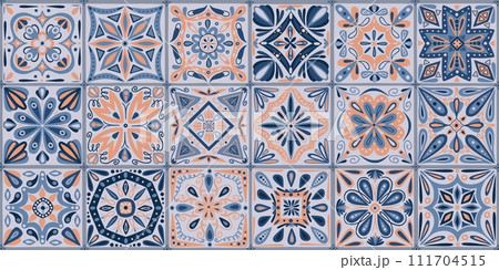 Patchwork tile. Portuguese seamless pattern or spanish bohemian flowers, vintage colorful ethnic decoration. Decor textile, wrapping paper, wallpaper design. Vector background design 111704515