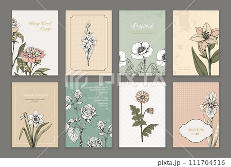 Vintage flower frames. Floral rose wallpaper, romantic and elegant graphic card background for wedding and birthday invitation. Hand drawn plants, spring tulip and poppy. Vector classic design 111704516