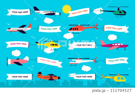 Plane with banner. Flying flag on helicopter. Advertising promotion. Ribbon in summer sky. Advertisement Pennant showing from airplane. Travel news in clouds. Vector flat posters set Plane with banner. Flying flag on helicopter. Advertising promotion. Ribbon in summer sky. Advertisement Pennant showing from airplane. Travel news in clouds. Vector flat posters set 111704527