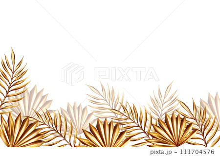 Watercolor banner with golden date palm branch, pampas grass illustration isolated on background. Botanical template, wedding and Ramadan Kareem or Eid Al Adha 2024 hand drawn decor. For designers, 111704576