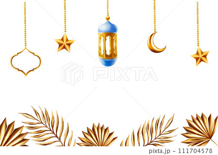 Watercolor banner, template with illustrations of golden pampas grass, date palm branch, Islamic arabian golden crescent moon and lantern in a chain isolated on white background. Muslim hand drawn Watercolor banner, template with illustrations of golden pampas grass, date palm branch, Islamic arabian golden crescent moon and lantern in a chain isolated on white background. Muslim hand drawn 111704578