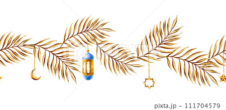 Watercolor seamless border with Islamic arabian golden crescent moon, stars on a gold chains, date palm branches and lanterns illustrations isolated on white background. Muslim hand drawn Ramadan Watercolor seamless border with Islamic arabian golden crescent moon, stars on a gold chains, date palm branches and lanterns illustrations isolated on white background. Muslim hand drawn Ramadan 111704579