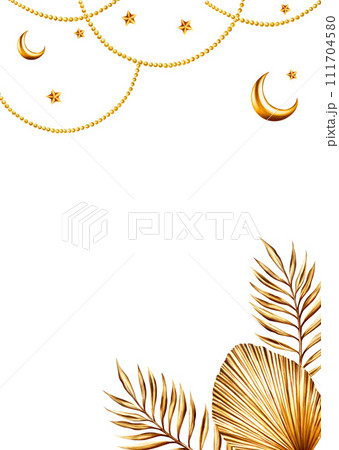 Watercolor Islamic arabian postcard, frame, templates with golden crescent moon, stars on a gold chains, golden pampas grass, date palm branch illustrations isolated on white background. Muslim hand 111704580
