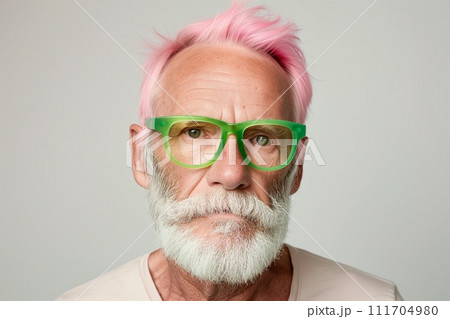 AI-generated content. A close-up portrait of a fashionable older man with pink hair and green glasses, giving a direct, engaging look to the camera. 111704980