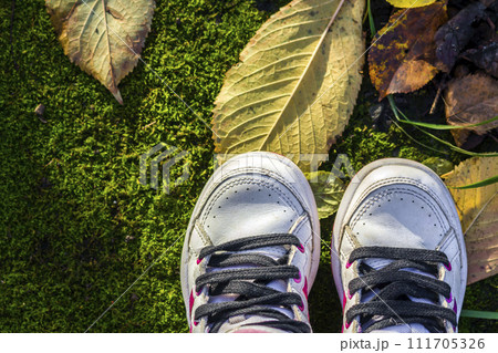 Pair of child white shoes on nature background 111705326