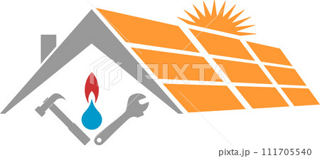 House, solar, pipes, water drops and flame, plumber, handyman, environment and energy logo 111705540