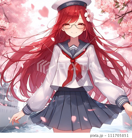 桜並木でほほ笑む少女 111705851