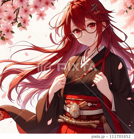 桜の花を背景にした赤い着物の女性 111705852