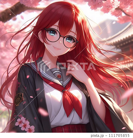桜の木の下に立つ女子高生 111705855