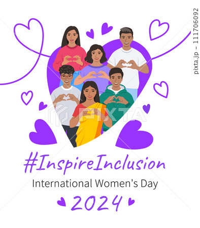 Inspire inclusion campaign pose. International Women's Day 2024 theme poster. Smiling Indian women and men make heart symbol with hands to stop discrimination and stereotypes. Gender inclusive world Inspire inclusion campaign pose. International Women's Day 2024 theme poster. Smiling Indian women and men make heart symbol with hands to stop discrimination and stereotypes. Gender inclusive world 111706092