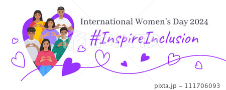 Inspire inclusion campaign pose. International Women's Day 2024 theme banner. Smiling Indian women and men make heart symbol with hands to stop discrimination and stereotypes. Gender inclusive world 111706093