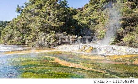 Geothermal landscape with steam, and colorful minerals on the edge of forest, New Zealand Geothermal landscape with steam, and colorful minerals on the edge of forest, New Zealand 111706294