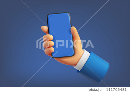 Man holding modern smartphone on blue background. 3d vector illustration 111706481