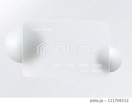 Glass morphism landing page. Transparent credit card template with white spheres. Glass morphism landing page. Transparent credit card template with white spheres. 111706512