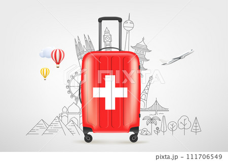 Plastic travel bag with flag of Switzerland and famous world sights. 3d vector concept Plastic travel bag with flag of Switzerland and famous world sights. 3d vector concept 111706549