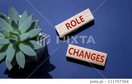 Role changes symbol. Concept words Role changes on wooden blocks. Beautiful deep blue background with succulent plant. Business and Role changes concept. Copy space. Role changes symbol. Concept words Role changes on wooden blocks. Beautiful deep blue background with succulent plant. Business and Role changes concept. Copy space. 111707368