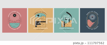 Vector linear boho emblems or travel logos with abstract mountain landscape Vector linear boho emblems or travel logos with abstract mountain landscape 111707562