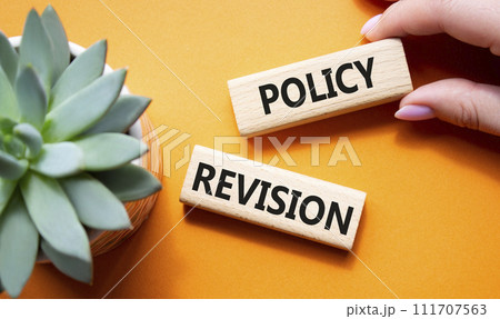 Policy revision symbol. Concept word Policy revision on wooden blocks. Businessman hand. Beautiful orange background with succulent plant. Business and Policy revision concept. Copy space Policy revision symbol. Concept word Policy revision on wooden blocks. Businessman hand. Beautiful orange background with succulent plant. Business and Policy revision concept. Copy space 111707563