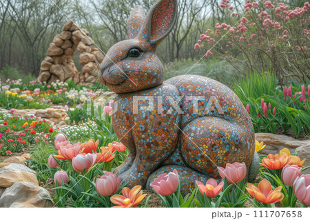 A Stone Rabbit's Gaze Fixed on the Treasure of Flowers in the Easter Garden A Stone Rabbit's Gaze Fixed on the Treasure of Flowers in the Easter Garden 111707658