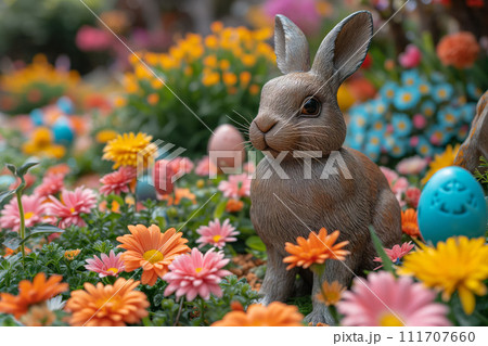 A Stone Rabbit's Gaze Fixed on the Treasure of Flowers in the Easter Garden 111707660