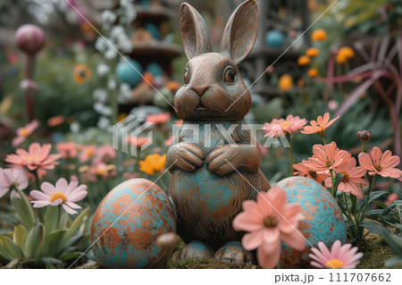 A Stone Rabbit's Gaze Fixed on the Treasure of Flowers in the Easter Garden 111707662