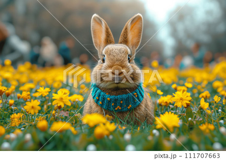 A Stone Rabbit's Gaze Fixed on the Treasure of Flowers in the Easter Garden 111707663