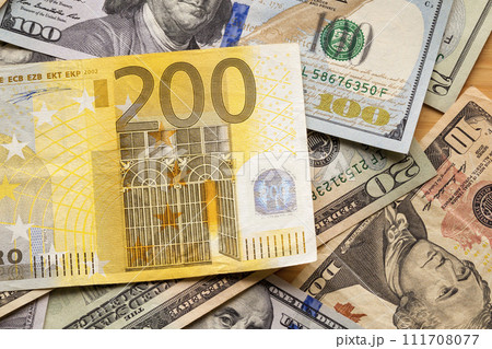 Money and finances concept. Two hundred euro new bill on colorfu 111708077