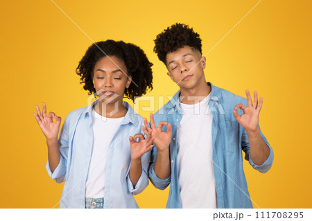 Relaxed African American woman and man with eyes closed, meditating or practicing mindfulness 111708295