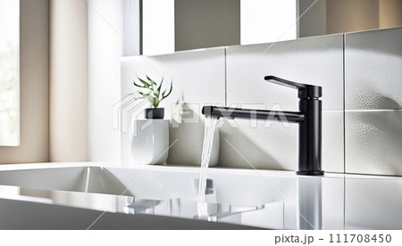 Modern bathroom with metal faucet and white sink. Modern interior of a bathroom or kitchen Modern bathroom with metal faucet and white sink. Modern interior of a bathroom or kitchen 111708450