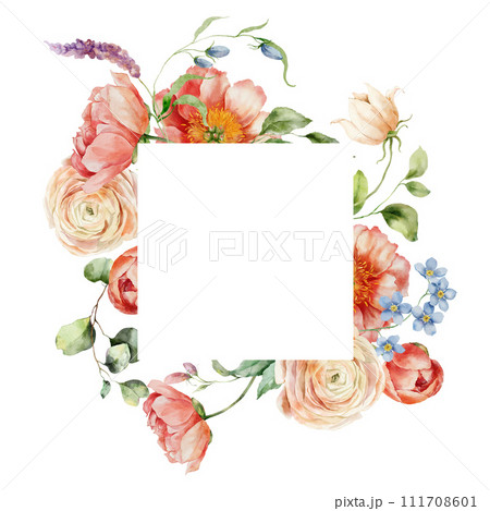 Watercolor frame of bouquet with ranunculus, peony and leaves. Hand painted card of floral elements isolated on white background. Holiday flowers Illustration for design, print or background. 111708601