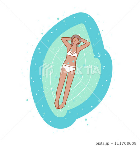 Girl on a inflatable water mattress in water 111708609