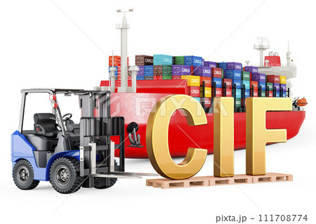 Shipping Instruction Form, concept. Cargo Container Ship with cargo containers and Forklift truck with SIF inscription, 3D rendering 111708774