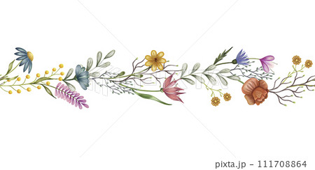 Abstract flowers seamless horizontal border. Watercolor background with hand drawn illustration isolated on white for card design, fabric print, web banner, holiday decor 111708864