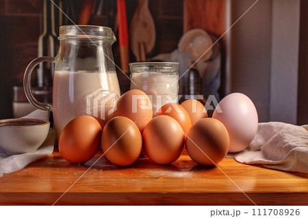 Milk and eggs on a wooden table in the kitchen at home Milk and eggs on a wooden table in the kitchen at home 111708926