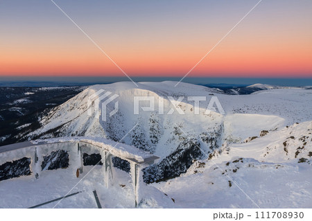Giant Mine, Studnicni mountain , view from  snezka, mountain on the border between Czech Republic and Poland, winter, sunrise time. 111708930